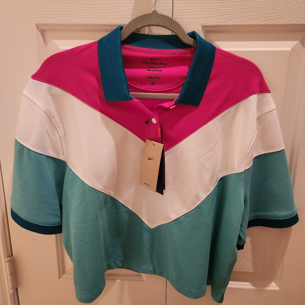 Nike Golf Polo Women's Large NWT Dri-Fit Loose Fit Pink Teal